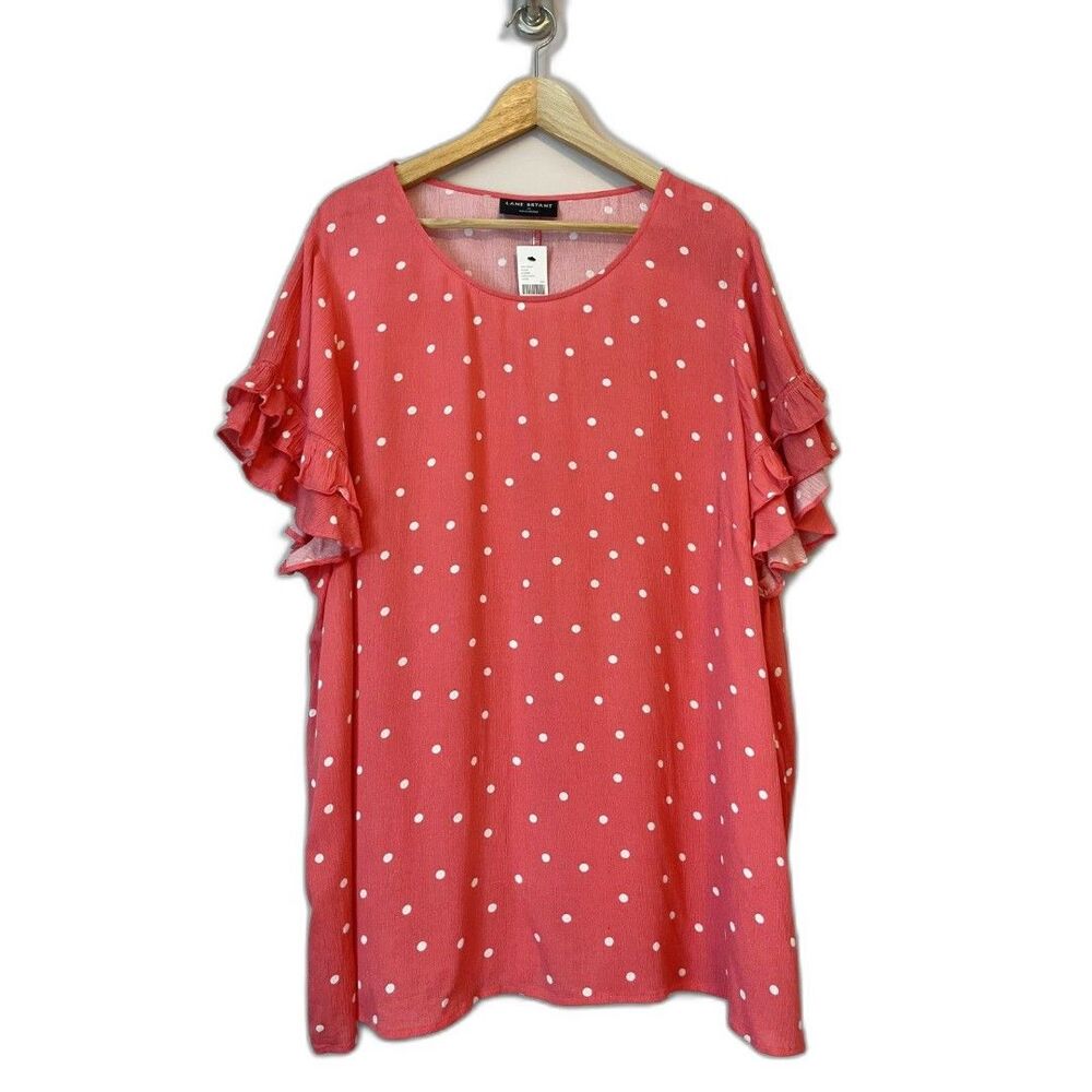 Lane Bryant Ruffle Short Sleeve Pink Polka Dot Top Sz 22 Office Summer Flowy NWT